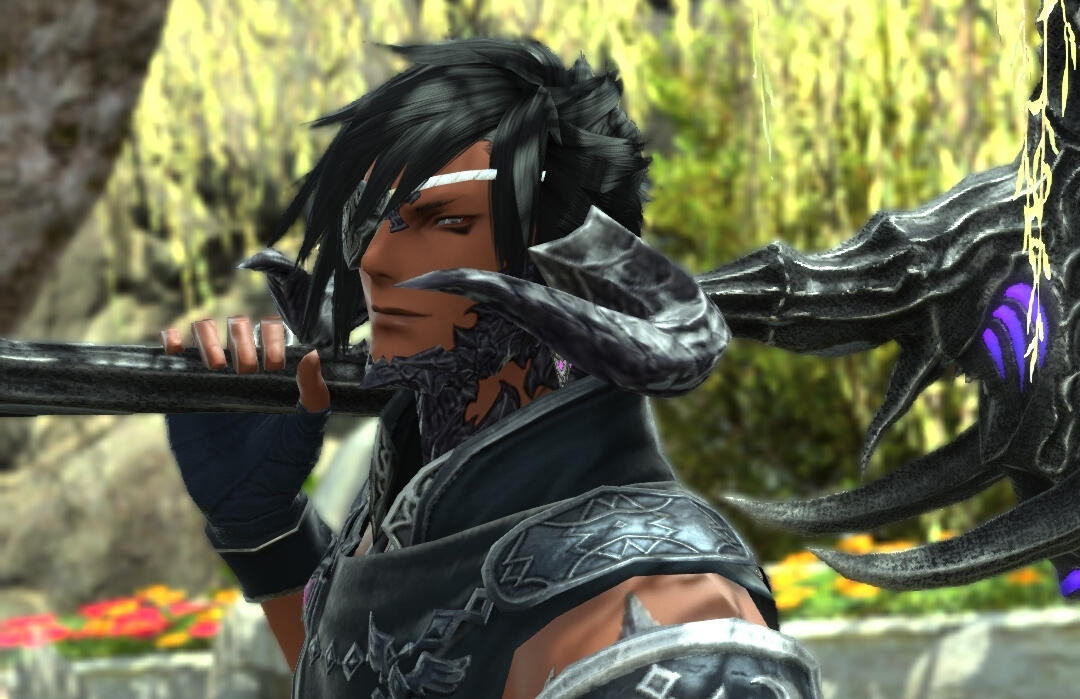 A Xaela with dark skin, black hair, and an eyepatch with a scythe slung over his shoulder smiling